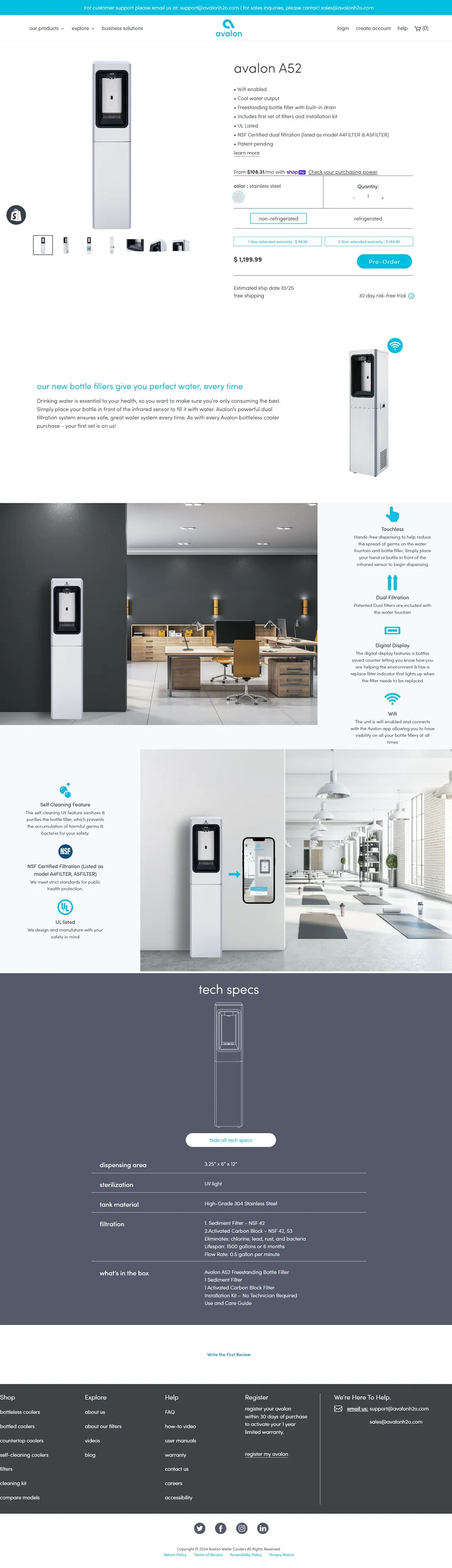 AvalonH2O custom product page with technical modules
