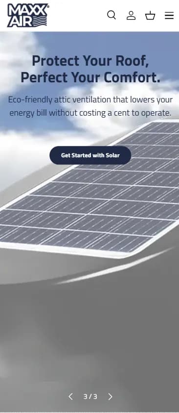 Maxx Air mobile homepage showing solar attic ventilation products