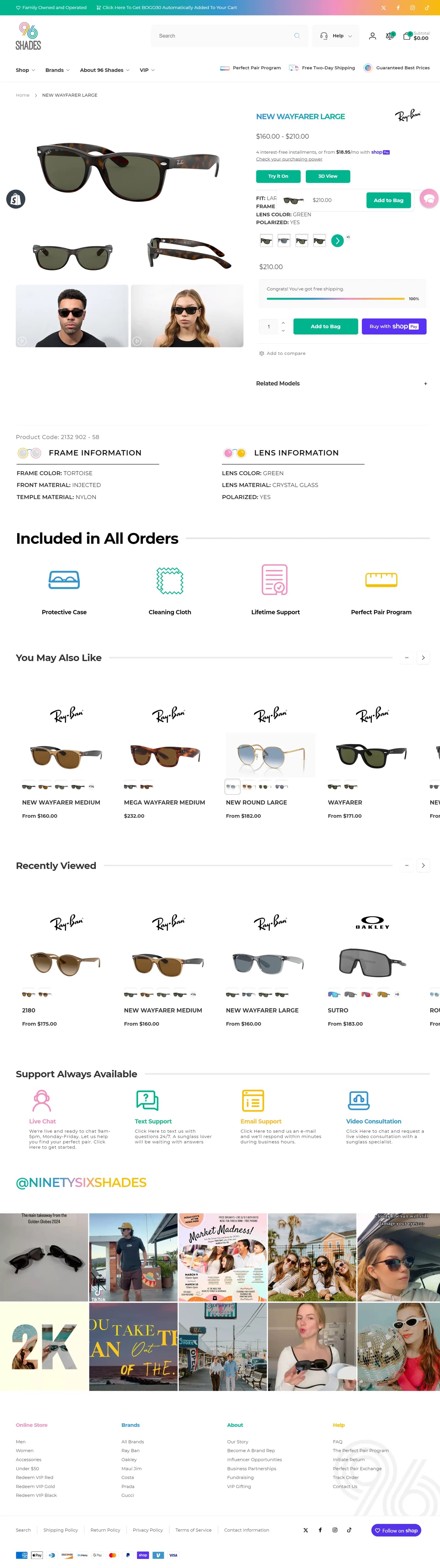 96 Shades product page with AR try-on and lens options