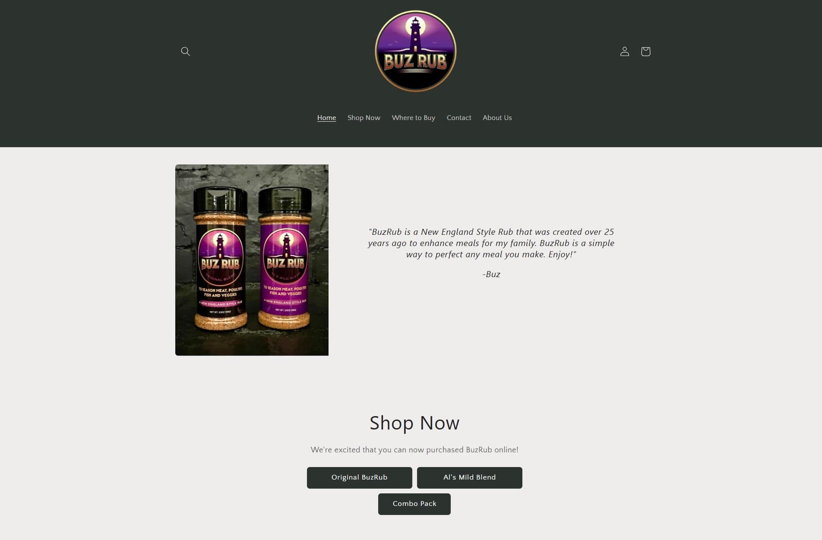 BuzRub desktop homepage before the redesign: charcoal header, small product photo and gray buttons