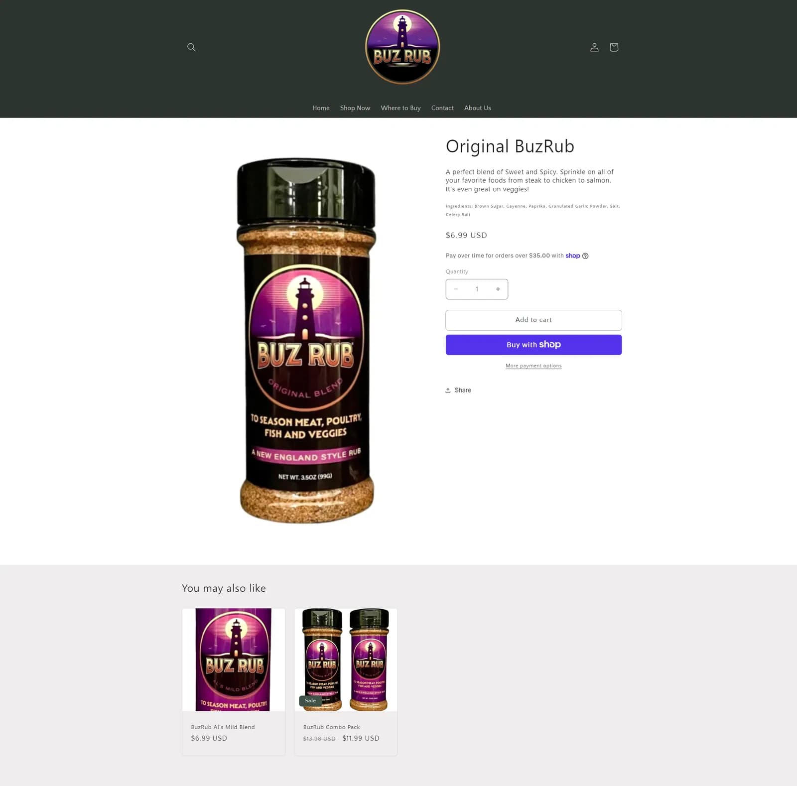 BuzRub product page with cross-sells after the redesign