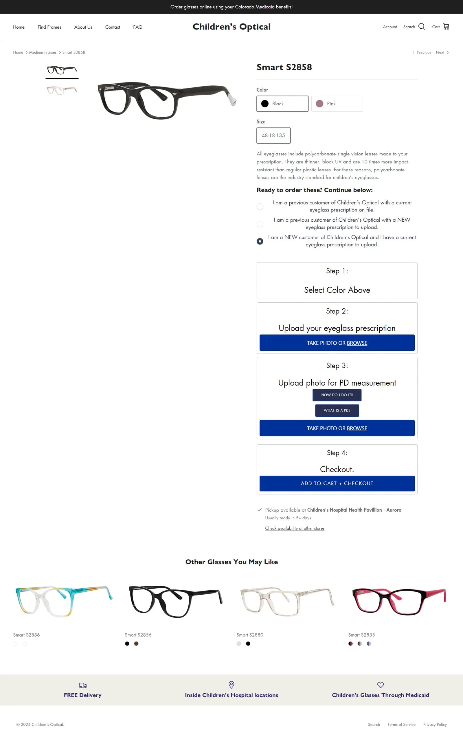 Children's Optical product page with prescription upload